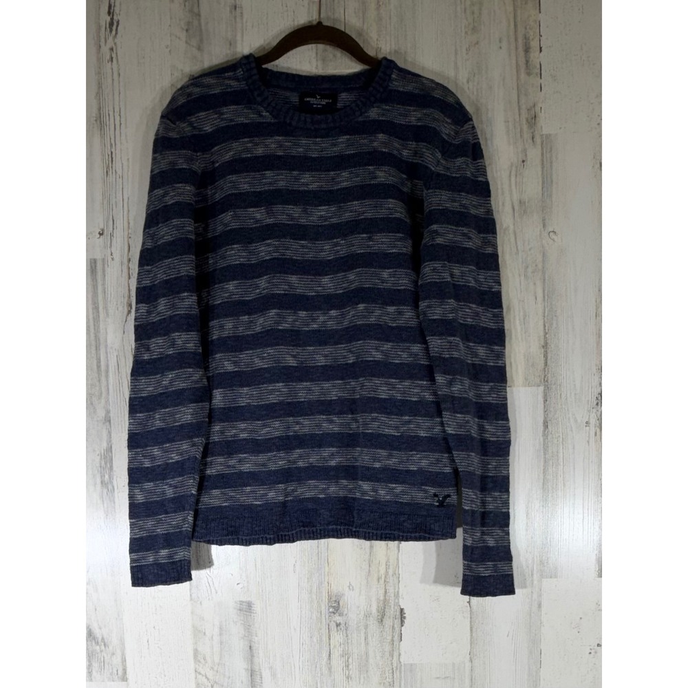 American Eagle Pullover Mens Sweater Small Blue Gray Striped Crew Neck Slub Knit